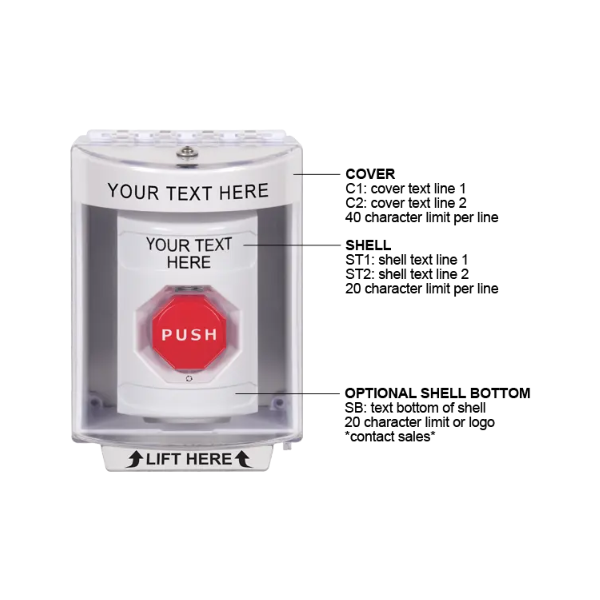 Custom Labeling, Buttons With Universal Stopper Surface, Turn To Reset Illuminated, White, SS2379ZA-EN