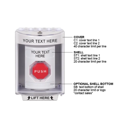 Custom Labeling, Buttons With Universal Stopper Surface, Turn To Reset Illuminated, White, SS2379ZA-EN