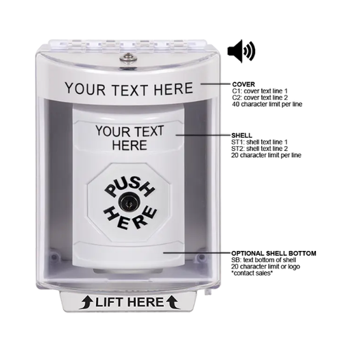 Custom Labeling, Buttons With Universal Stopper Surface With Horn, Key To Reset, White, SS2380ZA-EN
