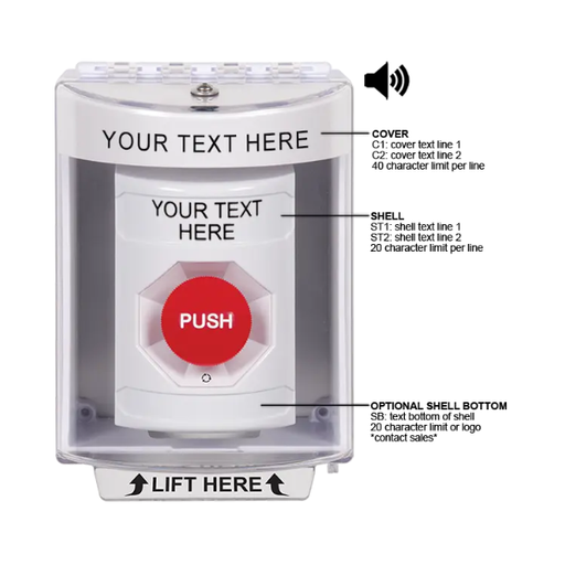 Custom Labeling, Buttons With Universal Stopper Surface With Horn, Turn To Reset, White, SS2381ZA-EN