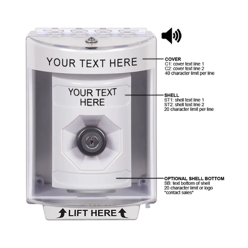 Custom Labeling, Buttons With Universal Stopper Surface With Horn, Key To Activate, White, SS2383ZA-EN