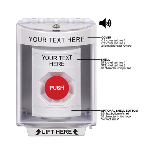 Custom Labeling, Buttons With Universal Stopper Surface With Horn, Momentary, White, SS2384ZA-EN