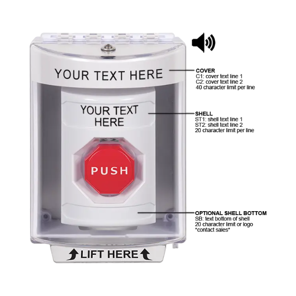 Custom Labeling, Buttons With Universal Stopper Surface With Horn, Momentary Illuminated, White, SS2385ZA-EN