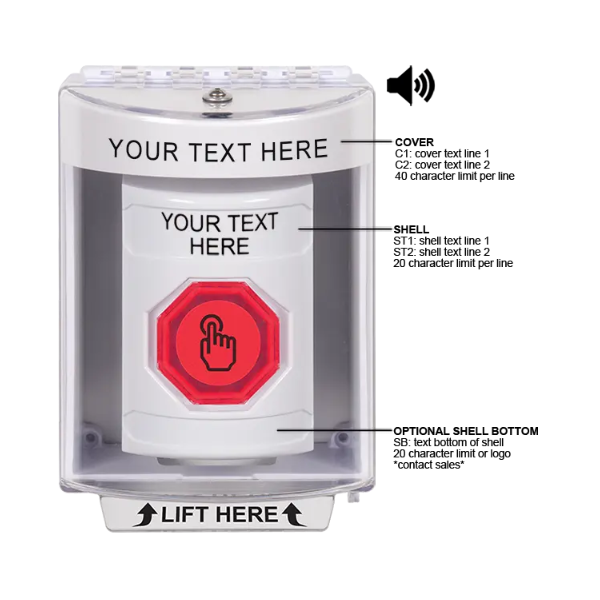 Custom Labeling, Buttons With Universal Stopper Surface With Horn, Momentary Illuminated Button, White, SS2386ZA-EN