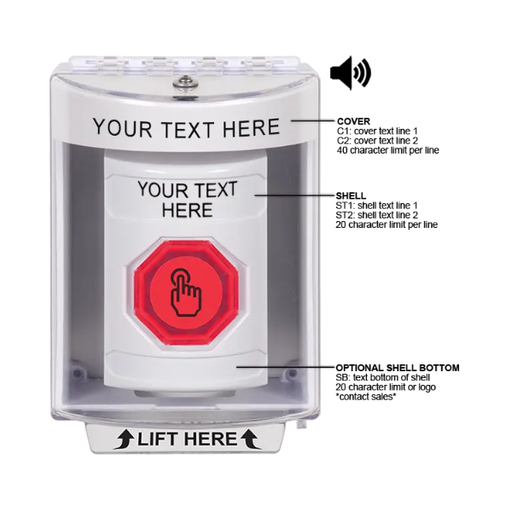 Custom Labeling, Buttons With Universal Stopper Surface With Horn, Momentary Illuminated Button, White, SS2386ZA-EN