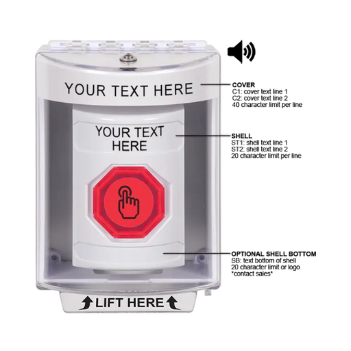Custom Labeling, Buttons With Universal Stopper Surface With Horn, Weather Resistant Momentary Button, White, SS2387ZA-EN