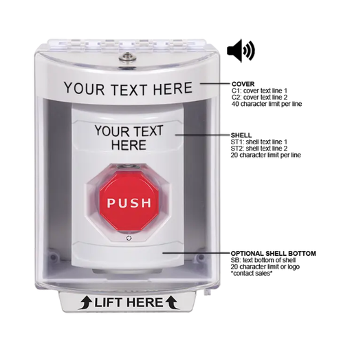 Custom Labeling, Buttons With Universal Stopper Surface With Horn, Turn To Reset Illuminated, White, SS2389ZA-EN