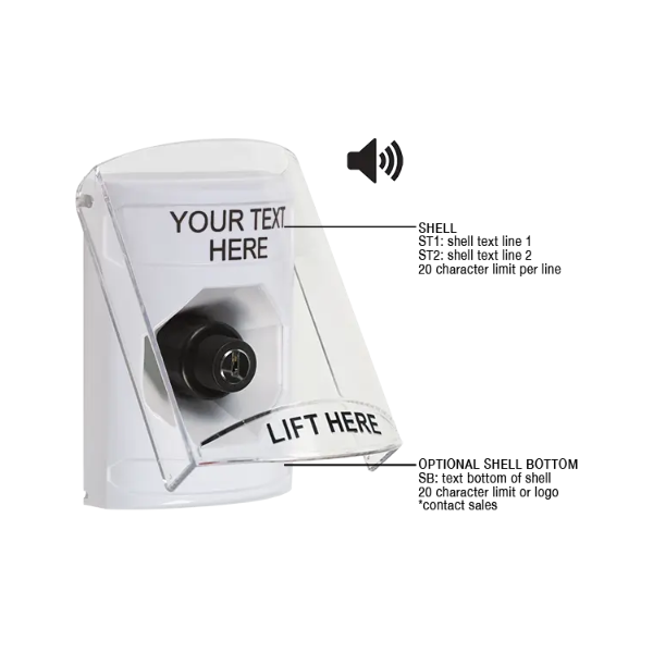 Custom Labeling, Buttons With Shield And Shield Sound, Key To Activate, White, SS23A3ZA-EN