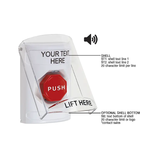 Custom Labeling, Buttons With Shield And Shield Sound, Momentary Illuminated, White, SS23A5ZA-EN