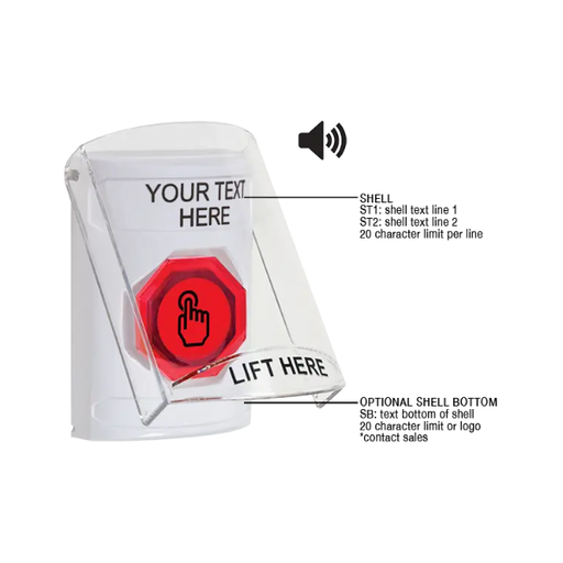 Custom Labeling, Buttons With Shield And Shield Sound, Weather Resistant Momentary Button, White, SS23A7ZA-EN