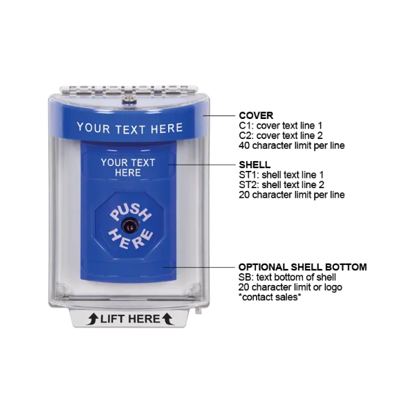 Custom Labeling, Buttons With Universal Stopper Flush, Key To Reset, Blue, SS2430ZA-EN