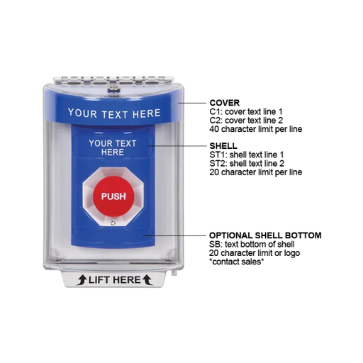 Custom Labeling, Buttons With Universal Stopper Flush, Turn To Reset, Blue, SS2431ZA-EN