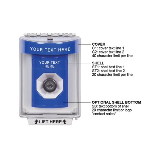 Custom Labeling, Buttons With Universal Stopper Flush, Key To Activate, Blue, SS2433ZA-EN