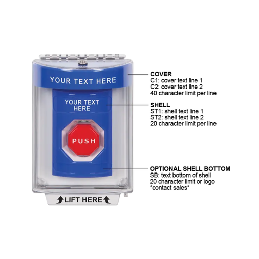 Custom Labeling, Buttons With Universal Stopper Flush, Pneumatic Illuminated, Blue, SS2438ZA-EN