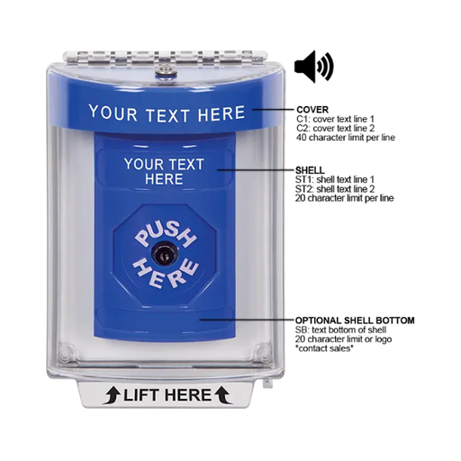 Custom Labeling, Buttons With Universal Stopper Flush With Horn, Key To Reset, Blue, SS2440ZA-EN