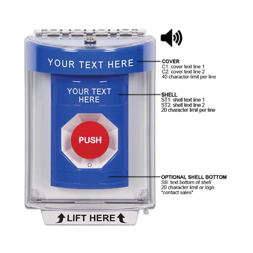 Custom Labeling, Buttons With Universal Stopper Flush With Horn, Turn To Reset, Blue, SS2441ZA-EN