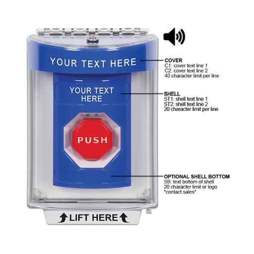 Custom Labeling, Buttons With Universal Stopper Flush With Horn, Key To Reset Illuminated, Blue, SS2442ZA-EN