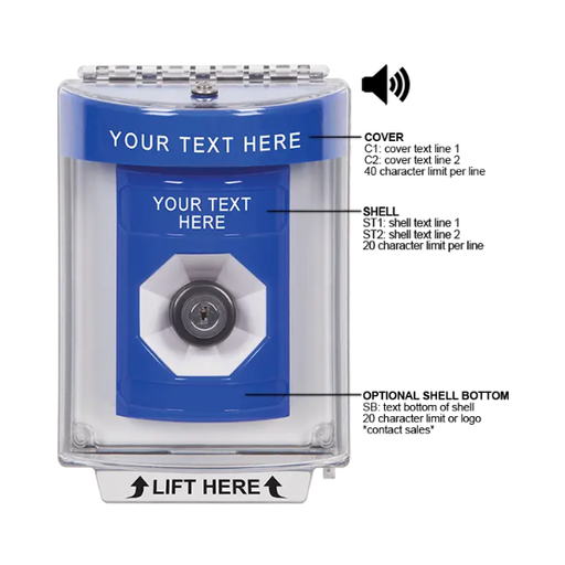 Custom Labeling, Buttons With Universal Stopper Flush With Horn, Key To Activate, Blue, SS2443ZA-EN
