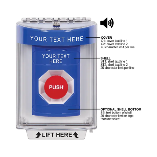 Custom Labeling, Buttons With Universal Stopper Flush With Horn, Momentary, Blue, SS2444ZA-EN