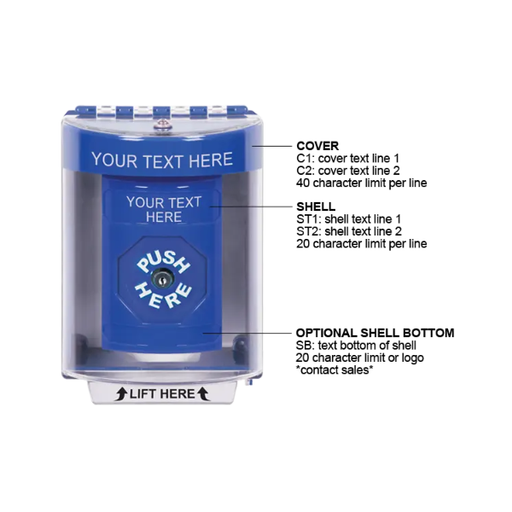 Custom Labeling, Buttons With Universal Stopper Surface, Key To Reset, Blue, SS2470ZA-EN