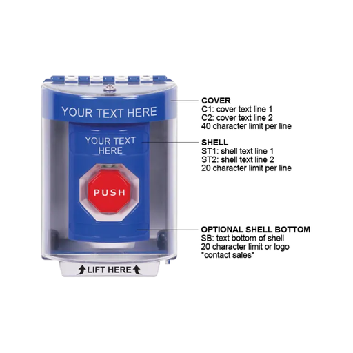 Custom Labeling, Buttons With Universal Stopper Surface, Key To Reset Illuminated, Blue, SS2472ZA-EN