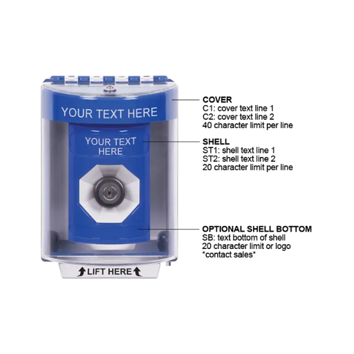 Custom Labeling, Buttons With Universal Stopper Surface, Key To Activate, Blue, SS2473ZA-EN