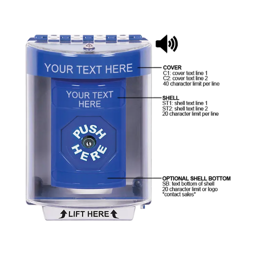 Custom Labeling, Buttons With Universal Stopper Surface With Horn, Key To Reset, Blue, SS2480ZA-EN
