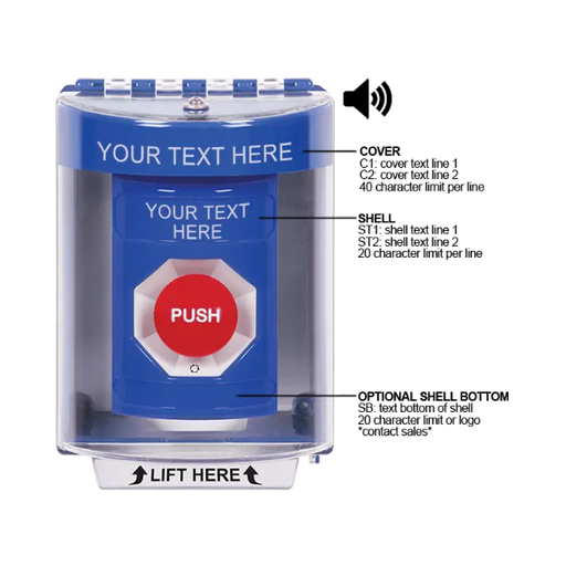 Custom Labeling, Buttons With Universal Stopper Surface With Horn, Turn To Reset, Blue, SS2481ZA-EN