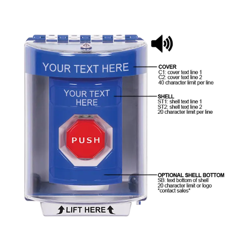 Custom Labeling, Buttons With Universal Stopper Surface With Horn, Key To Reset Illuminated, Blue, SS2482ZA-EN