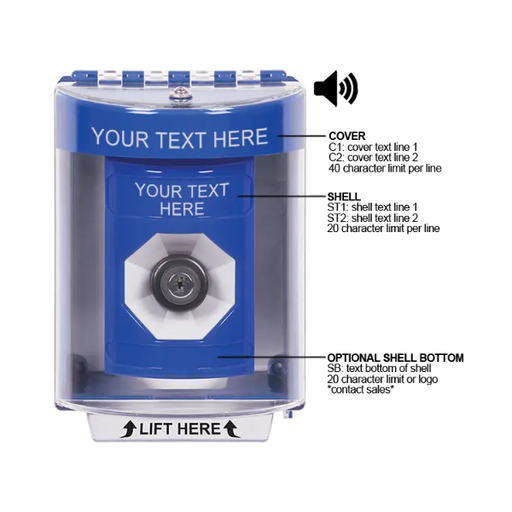 Custom Labeling, Buttons With Universal Stopper Surface With Horn, Key To Activate, Blue, SS2483ZA-EN