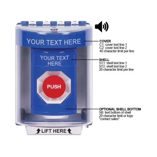 Custom Labeling, Buttons With Universal Stopper Surface With Horn, Momentary, Blue, SS2484ZA-EN