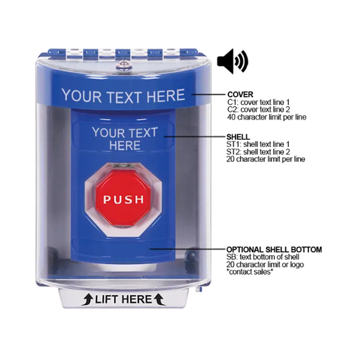 Custom Labeling, Buttons With Universal Stopper Surface With Horn, Momentary Illuminated, Blue, SS2485ZA-EN