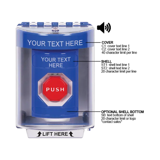 Custom Labeling, Buttons With Universal Stopper Surface With Horn, Pneumatic Illuminated, Blue, SS2488ZA-EN