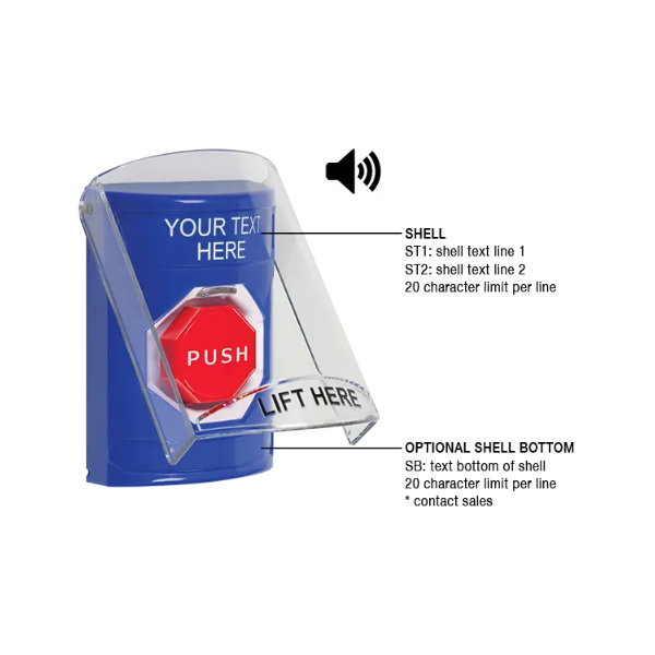 Custom Labeling, Buttons With Shield And Shield Sound, Pneumatic Illuminated, Blue, SS24A8ZA-EN