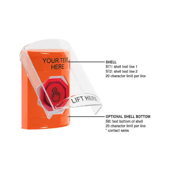 Custom Labeling, Buttons With Shield, Weather Resistant Momentary Button, Orange, SS2527ZA-EN