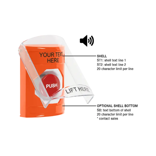Custom Labeling, Buttons With Shield And Shield Sound, Momentary, Orange, SS25A4ZA-EN