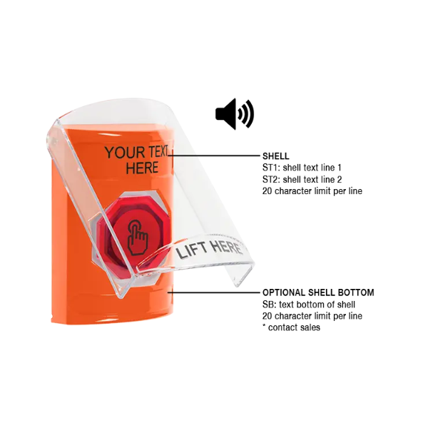 Custom Labeling, Buttons With Shield And Shield Sound, Weather Resistant Momentary Button, Orange, SS25A7ZA-EN