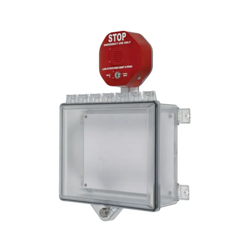 Protective Cabinet, Polycarbonate with Backplate, Auto Siren and Key Lock - Clear, STI-7522
