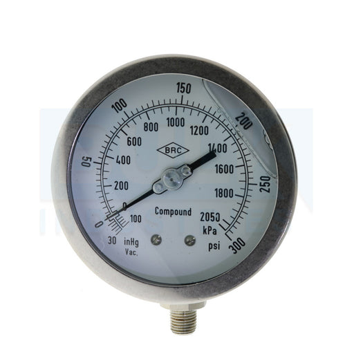 Liquid Filled Compound Gauge -30 To 300 PSI, Stainless Steel, 4", 1/4" NPT