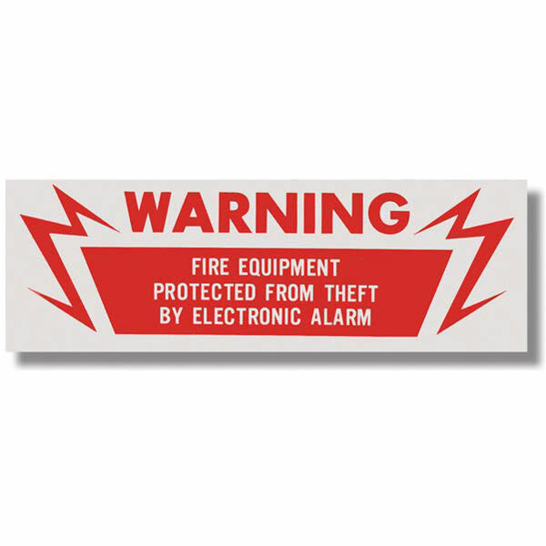 Warning Fire Equipment Protected From Theft By Electronic Alarm Sign, Vinyl Sticker, Decal 6" x 2"