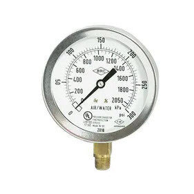 Fire Sprinkler Air/Water Gauge, 0-300 PSI, Stainless Steel, UL/FM Approved, 1/4" NPT